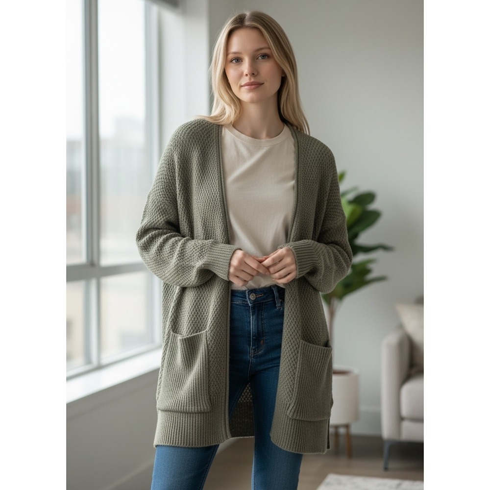 Garage Sage Green Textured‎ Knit Open Front Cardigan Sweater Pockets M-L Grunge